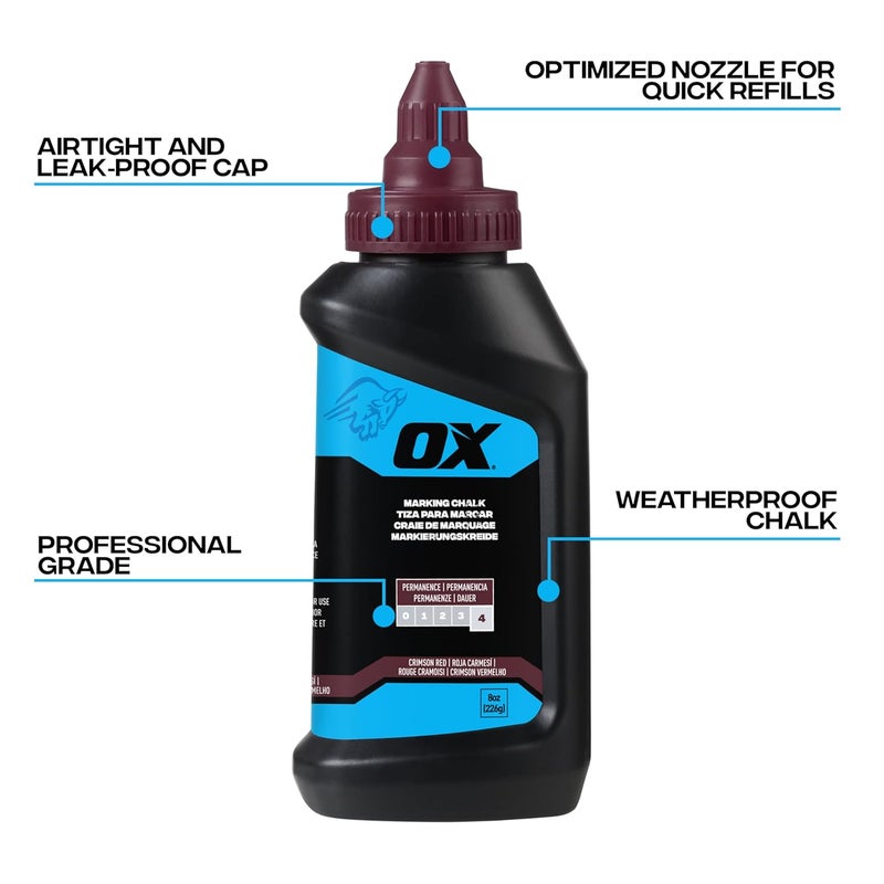 Ox Pro Series Crimson Red Chalk Line Powder 8oz Marking Chalk Refill - Permanent Weather Resistant Construction Line Marking Powder Chalk Line Refill for Chalk Reel -P630807 - Image 2